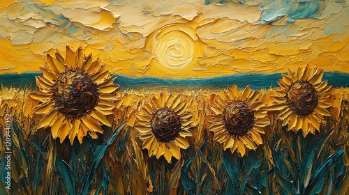 Impasto painting of sunflowers at sunset.
