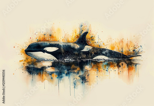 Killer whale gracefully swimming in a colorful watercolor landscape