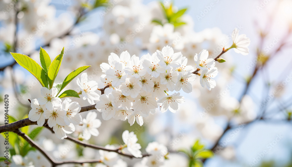 Blooming cherry blossoms in spring sunlight, nature's elegance Blooming cherry blossoms in spring sunlight, nature's elegance