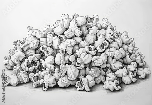 Detailed black and white illustration of a piled mound of popcorn showcasing texture and form