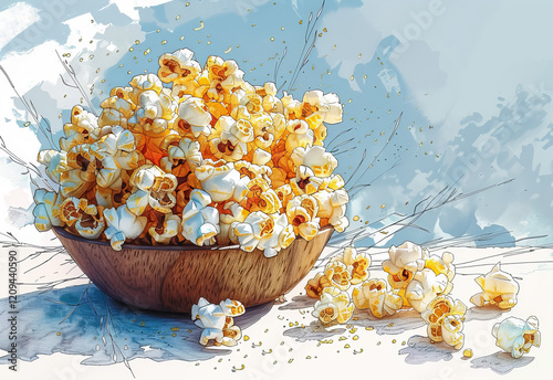 Colorful watercolor illustration of a bowl filled with popcorn scattered on the surface