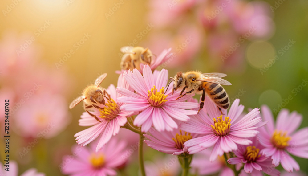 Bees collecting nectar from pink flowers at sunset, nature's beauty Bees collecting nectar from pink flowers at sunset, nature's beauty