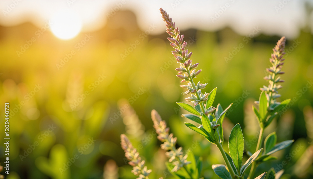 Fresh buds on plants glowing at sunset, serene beauty Fresh buds on plants glowing at sunset, serene beauty