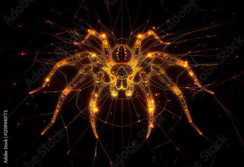 Intricate illuminated spider design showcasing web patterns and vibrant colors