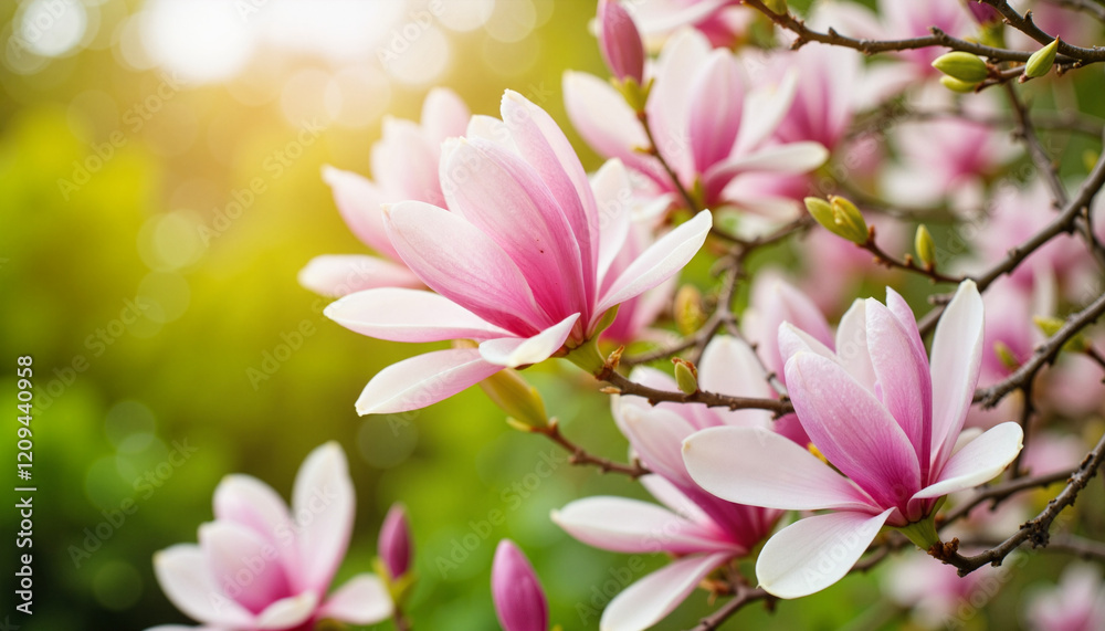 Obraz premium Magnolia blossoms blooming in lush garden, vibrant tranquility