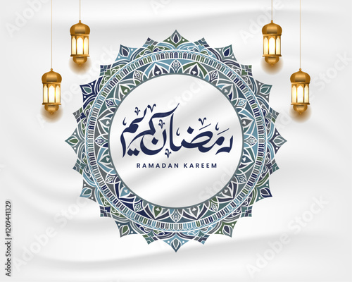 Ramadan Kareem calligraphy with border. Greeting text for Ramadhan on white paper background.