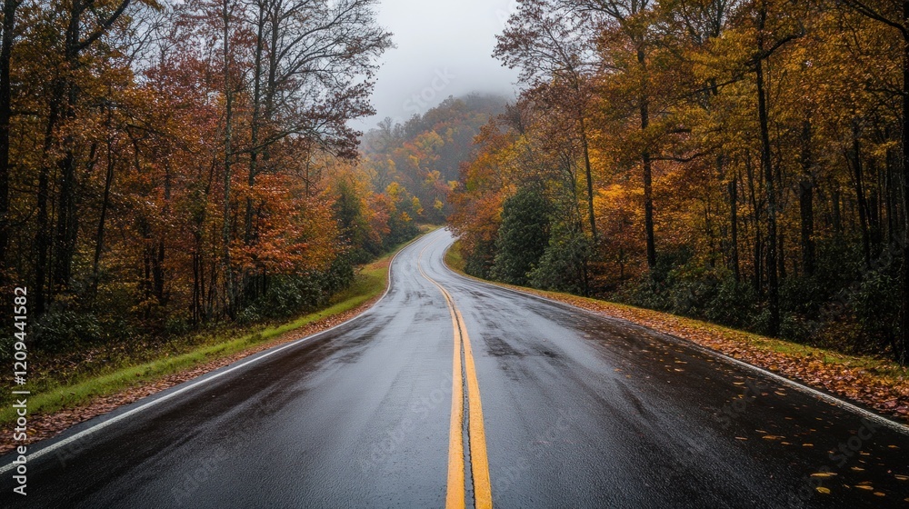Winding Road Through Autumnal Forest in the Mist