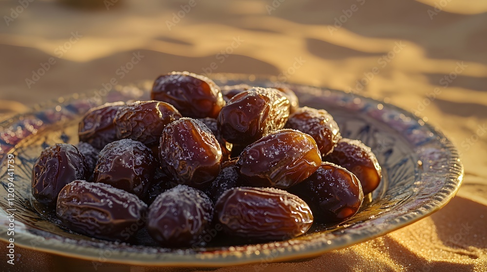 Medjool dates on a plate in a desert landscape. Medjool dates on a plate in a desert landscape.