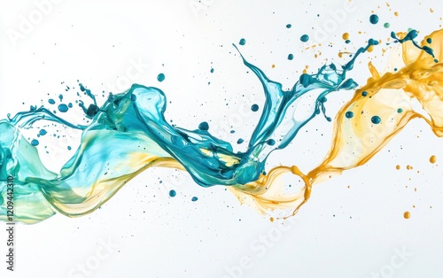 Wallpaper Mural An abstract spray of turquoise blue and soft yellow paint splashes, frozen mid-motion on a pristine white background Torontodigital.ca