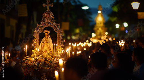 Semana Santa procession at the beginning of the week, rows of worshippers holding lit candles while singing hymns, a statue of Jesus being carried on a litter decorated with gold and flowers,