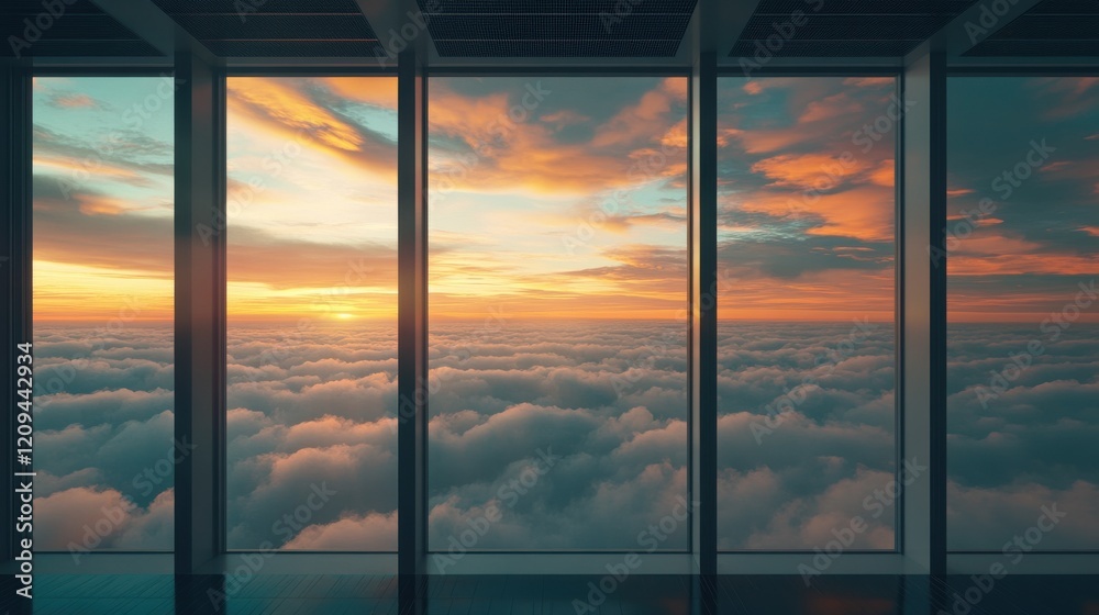 Fototapeta premium Stunning sunset view through glass windows overlooking serene clouds.