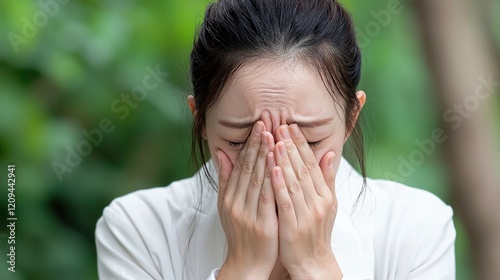 Woman crying outdoors, sadness, grief, emotional pain, nature background, mental health