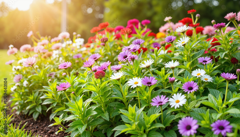 Obraz premium Vibrant flower beds blooming in sunlight, nature's beauty