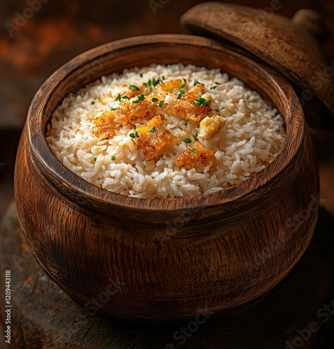 Plain rice in a wooden pot with crispy garnish kabsah