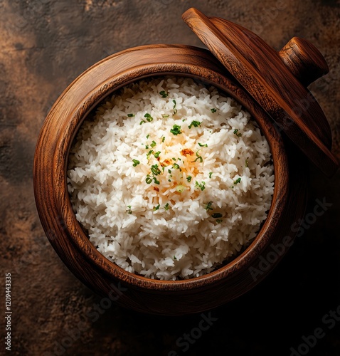 Plain rice in a wooden pot with crispy garnish kabsah