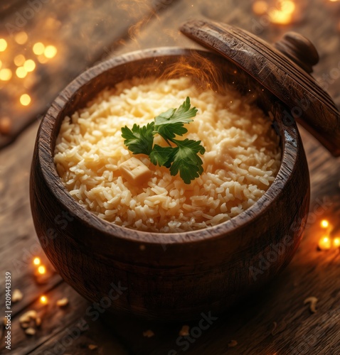 Plain rice in a wooden pot with crispy garnish kabsah