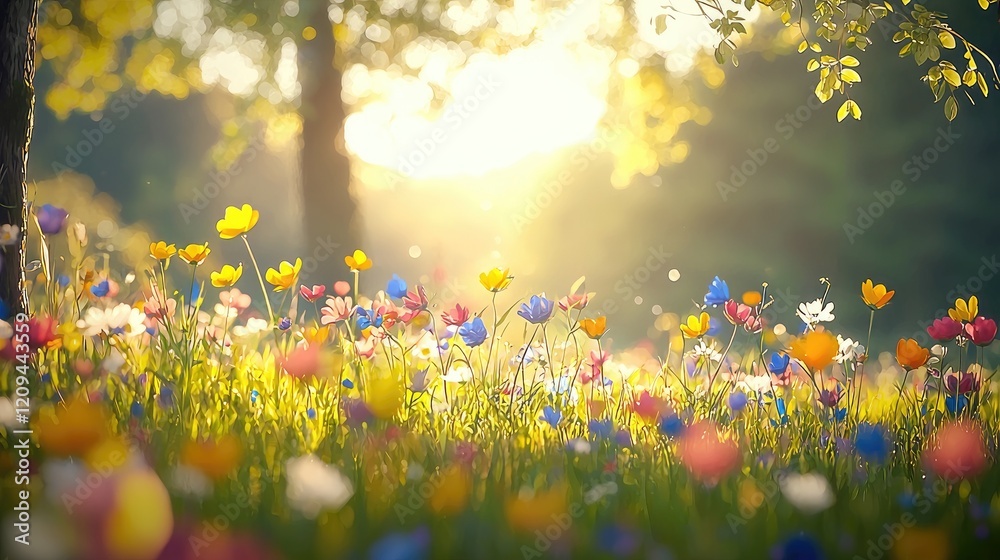 Fototapeta premium Sunset meadow wildflowers spring vibrant nature