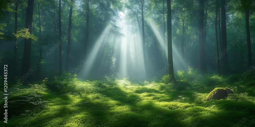 Fototapeta premium Sunbeams pierce misty forest, illuminating mossy ground.