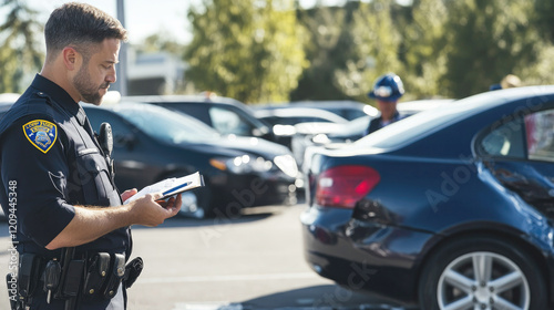 Police officer writing a report at the scene of a minor car accident in a parking lot with damaged vehicles in the background

