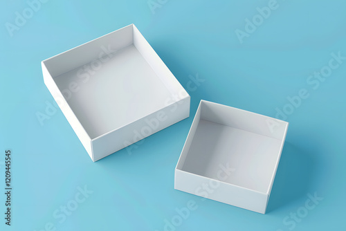 Blank white flat square gift box with open and closed hinged flap lid, minimalistic design, clean lines, soft shadows, high detail, clipping path around box mockup, 3D illustration. Generative Ai. photo