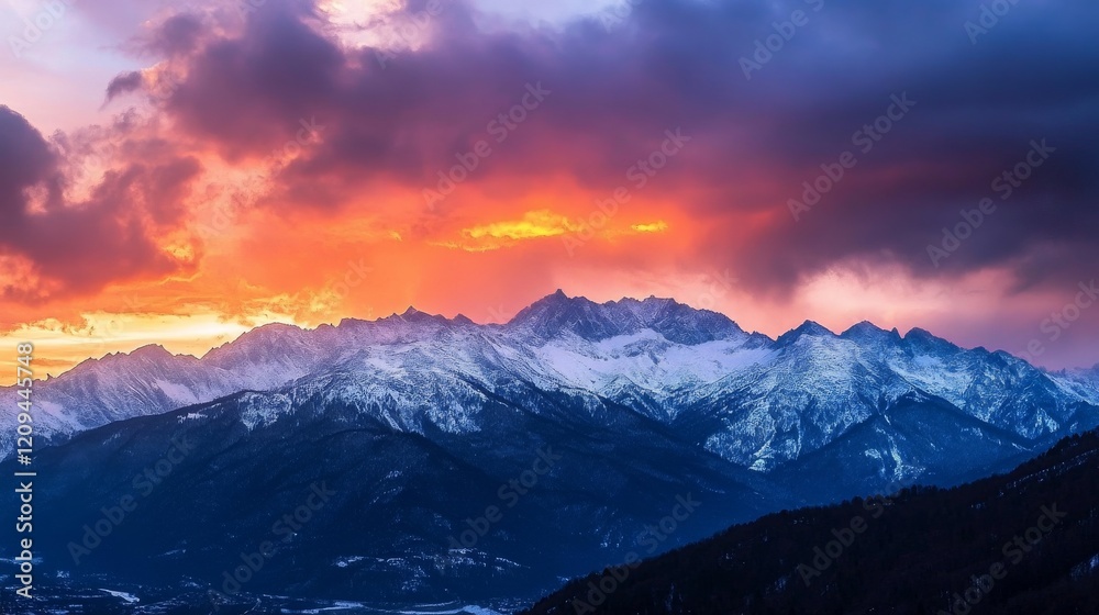 A panoramic view of a snowy mountain range under a dramatic sunset sky, Mountain scenery scene, Majestic and awe-inspiring style A panoramic view of a snowy mountain range under a dramatic sunset sky, Mountain scenery scene, Majestic and awe-inspiring style
