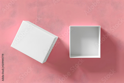 Blank white flat square gift box with open and closed hinged flap lid, minimalistic design, clean lines, soft shadows, high detail, clipping path around box mockup, 3D illustration. Generative Ai. photo