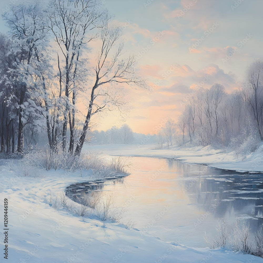 Winter's Tranquility: A serene winter landscape unfolds, a frosty river meandering through snow-covered trees, bathed in the soft hues of a breathtaking sunrise. Winter's Tranquility: A serene winter landscape unfolds, a frosty river meandering through snow-covered trees, bathed in the soft hues of a breathtaking sunrise.