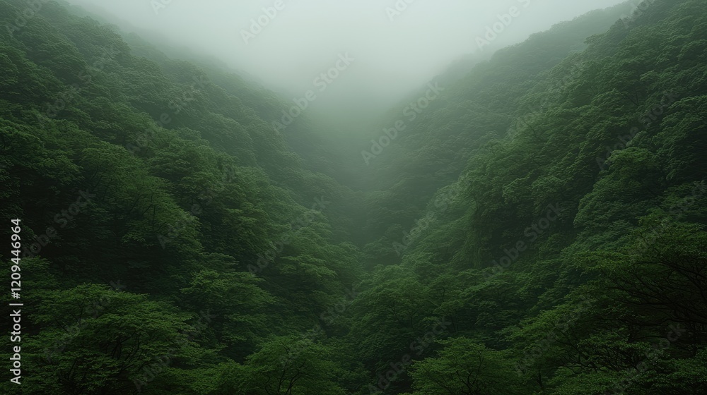 Obraz premium Lush green forest valley shrouded in thick mysterious fog on a moody overcast day.