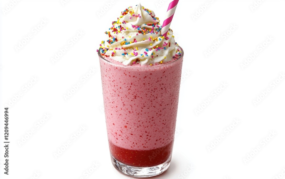 Glass of Milkshake glass filled with strawberry milkshake, topped with whipped cream, colorful sprinkles, and a striped straw, on a white background.