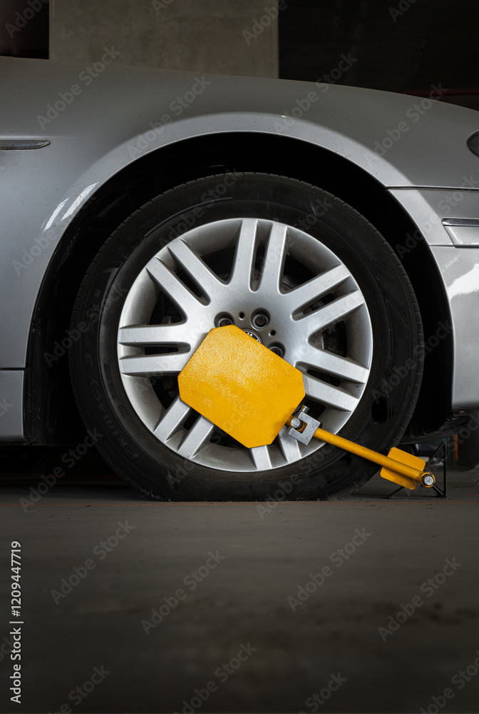 Vertical image view of Car wheel blocked by wheel lock because illegal parking violation in parking lot. use it as your wallpaper, poster and space for text, selective focus.