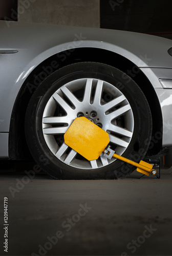 Obraz na płótnie Vertical image view of Car wheel blocked by wheel lock because illegal parking violation in parking lot. use it as your wallpaper, poster and space for text, selective focus. w salonie
