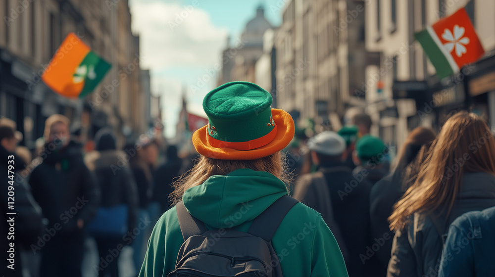 St. Patrick's Day celebration in Ireland with colorful parade, people wearing green clothes and leprechaun hats, Ai generated images St. Patrick's Day celebration in Ireland with colorful parade, people wearing green clothes and leprechaun hats, Ai generated images