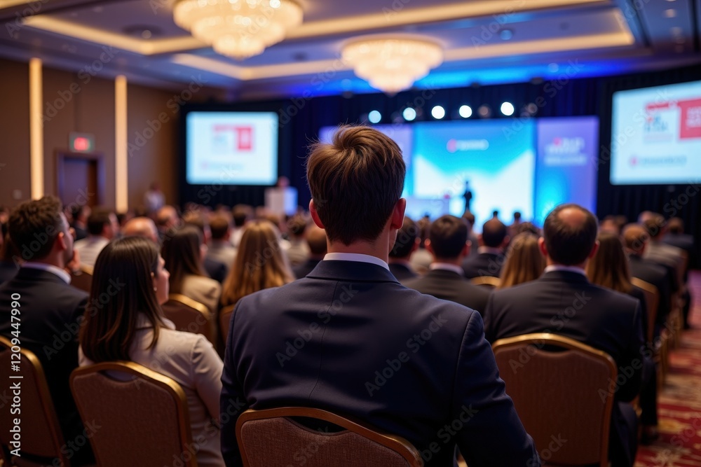 Fototapeta premium Engaging Business Conference with Audience in Attendance and Expert Speaker Presenting on Stage under Modern Lighting