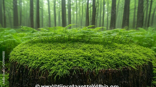 Lush green moss covering a tree stump in a misty forest. photo