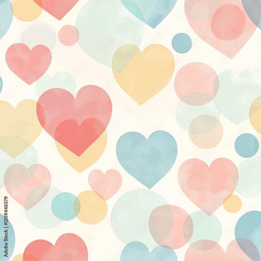 Pastel Hearts and Bubbles: A charming and delicate seamless pattern featuring a whimsical arrangement of pastel-colored hearts and bubbles, perfect for adding a touch of sweetness to any design.