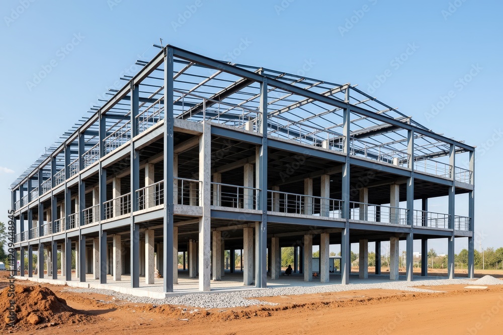 Modern Steel Structure of a Commercial Building Under Construction Against a Clear Blue Sky Modern Steel Structure of a Commercial Building Under Construction Against a Clear Blue Sky