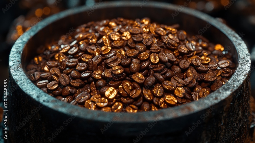 Fototapeta premium Roasted coffee beans in barrel, dark background