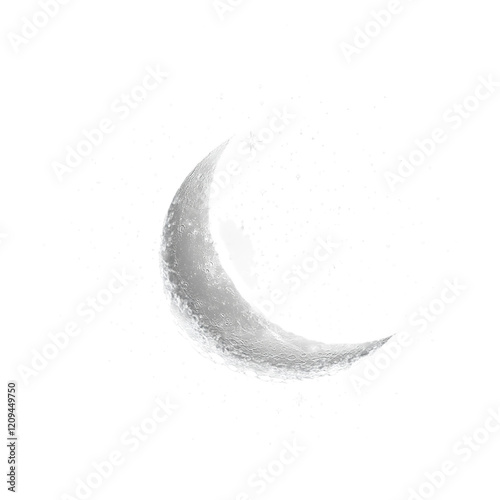 A silver crescent moon with tiny stars surrounding it isolated on a black background