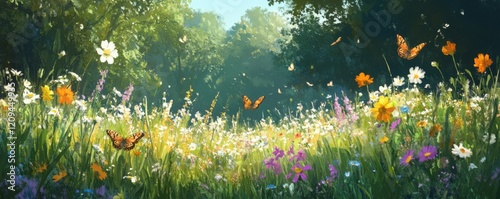 A tranquil meadow filled with wildflowers, where butterflies flit and bees buzz among the fragrant blossoms.