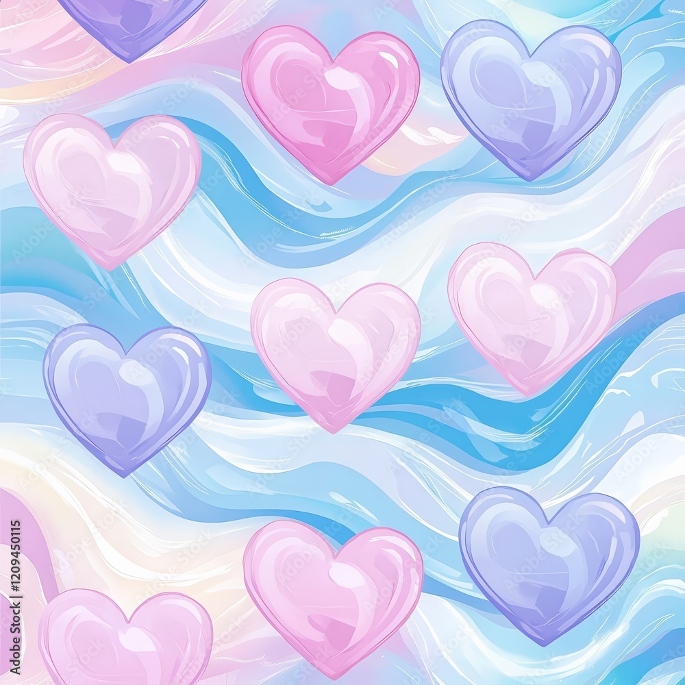 Abstract Hearts on Swirling Pattern: A whimsical and romantic seamless pattern featuring pastel pink and purple hearts floating over a flowing, abstract background in shades of blue and white. Abstract Hearts on Swirling Pattern: A whimsical and romantic seamless pattern featuring pastel pink and purple hearts floating over a flowing, abstract background in shades of blue and white.