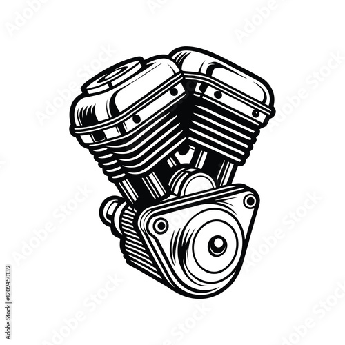 A detailed, high-resolution photo of a monochrome motorcycle engine, showcasing its intricate mechanical details.  Focus on the strong lines and curves, highlighting the engine's power and complexity.