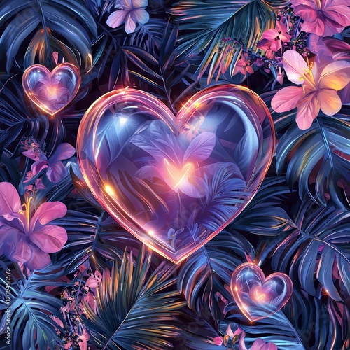Love's Embrace in Bloom: Transparent heart-shaped elements float amidst a lush, floral tapestry, capturing the essence of romance with a dreamlike aura, expressing serenity and endearment