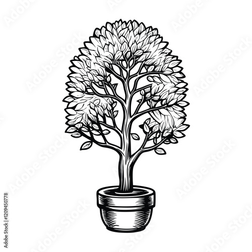A stark, monochrome photograph of a lone tree in a pot, captured against a simple, neutral background, highlighting its elegant form and the intricate details of its branches.