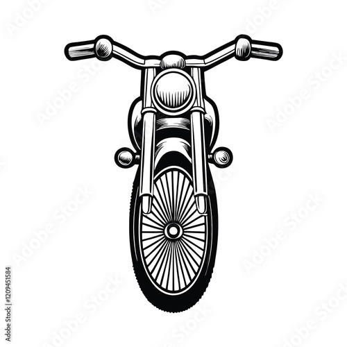 Close-up image of a classic motorcycle front with a detailed spoked wheel and handlebars.