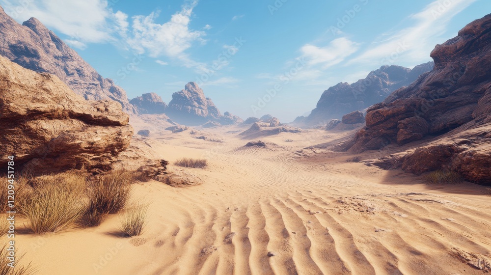 Fototapeta premium Vast desert landscape with sandy dunes and rocky mountains under a blue sky.