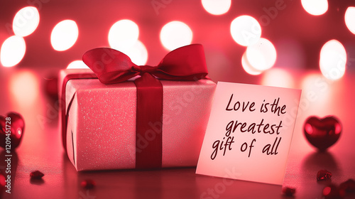 Neatly Wrapped Valentine's Gift Box with Red Ribbon and Love Quote in Warm Romantic Lighting