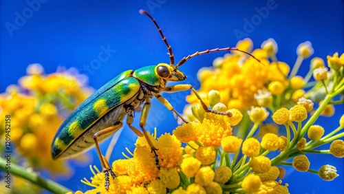 Julodis Insect on Acacia Tree, Yellow Flowers, Blue Sky Close-up photo