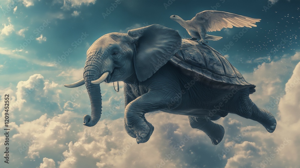 Fototapeta premium Majestic Flying Elephant Carrying a Companion in the Sky. Fantasy Flight: Flying Elephant and Its Passenger. The Skybound Elephant: A Magical Ride. Unbelievable Flying Elephant with a Passenger