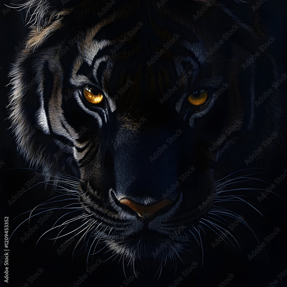 Obraz premium A ferocious black tiger head with sharp eyes. A scary and scary tiger face, black and white fur.