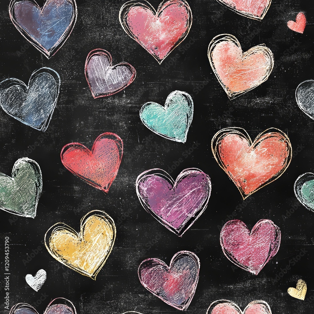 Obraz premium Chalkboard Hearts: A charming pattern of colorful hand-drawn hearts on a black chalkboard background, perfect for Valentine's Day, romantic projects, or adding a touch of whimsy to your designs.